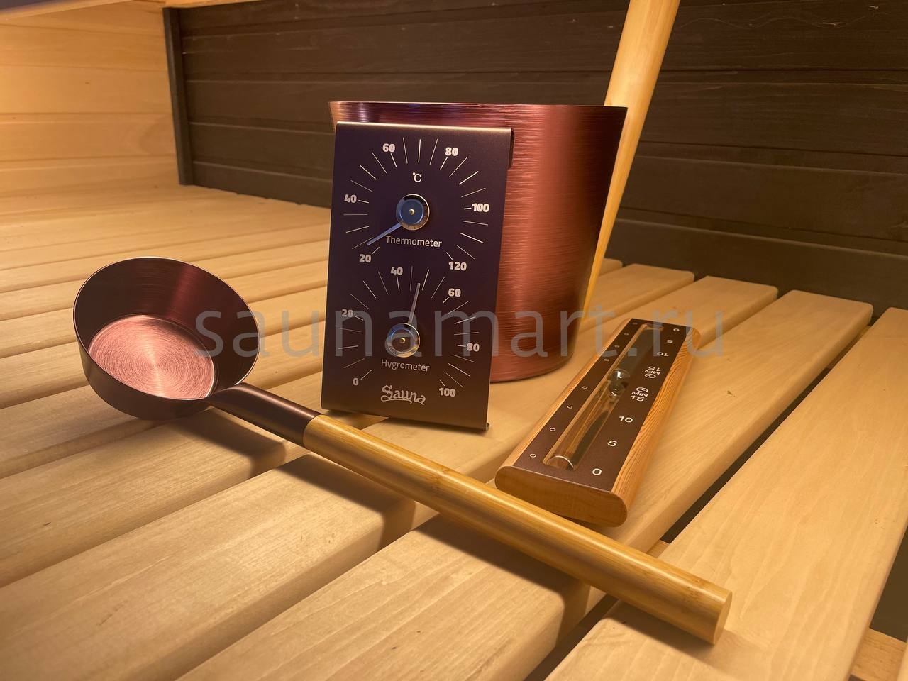 Набор ушат черпак песочные часы термогигрометр BRONZE Kurase Набор ушат черпак песочные часы термогигрометр BRONZE Kurase