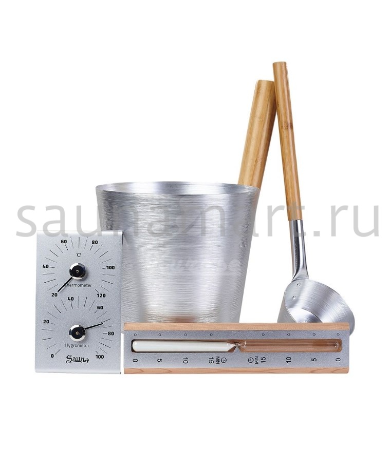 Набор ушат черпак песочные часы термогигрометр SILVER Kurase Набор ушат черпак песочные часы термогигрометр SILVER Kurase
